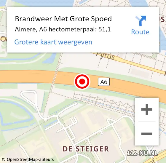 Locatie op kaart van de 112 melding: Brandweer Met Grote Spoed Naar Almere, A6 hectometerpaal: 51,1 op 1 oktober 2024 08:32