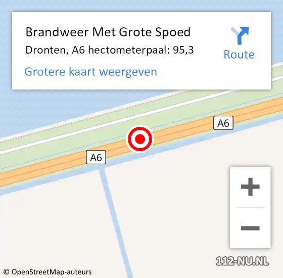 Locatie op kaart van de 112 melding: Brandweer Met Grote Spoed Naar Dronten, A6 hectometerpaal: 95,3 op 1 oktober 2024 08:34