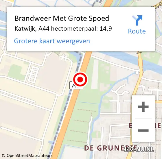 Locatie op kaart van de 112 melding: Brandweer Met Grote Spoed Naar Katwijk, A44 hectometerpaal: 14,9 op 1 oktober 2024 08:38