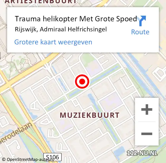 Locatie op kaart van de 112 melding: Trauma helikopter Met Grote Spoed Naar Rijswijk, Admiraal Helfrichsingel op 1 oktober 2024 08:41