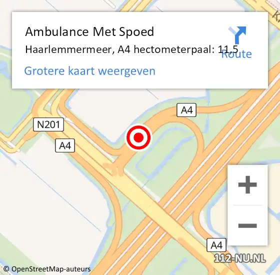 Locatie op kaart van de 112 melding: Ambulance Met Spoed Naar Haarlemmermeer, A4 hectometerpaal: 11,5 op 1 oktober 2024 09:12