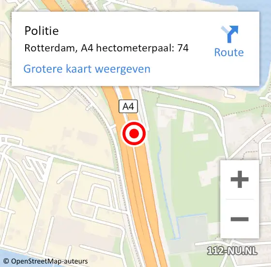 Locatie op kaart van de 112 melding: Politie Rotterdam, A4 hectometerpaal: 74 op 1 oktober 2024 09:52