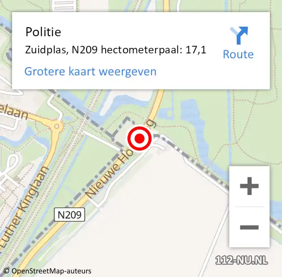 Locatie op kaart van de 112 melding: Politie Zuidplas, N209 hectometerpaal: 17,1 op 1 oktober 2024 10:39