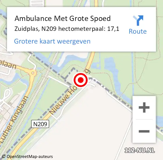 Locatie op kaart van de 112 melding: Ambulance Met Grote Spoed Naar Zuidplas, N209 hectometerpaal: 17,1 op 1 oktober 2024 10:40