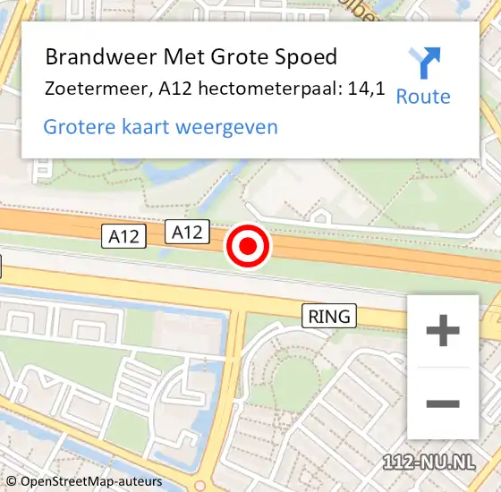 Locatie op kaart van de 112 melding: Brandweer Met Grote Spoed Naar Zoetermeer, A12 hectometerpaal: 14,1 op 1 oktober 2024 11:27