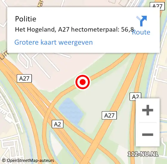 Locatie op kaart van de 112 melding: Politie Vijfheerenlanden, A27 hectometerpaal: 56,8 op 1 oktober 2024 12:02