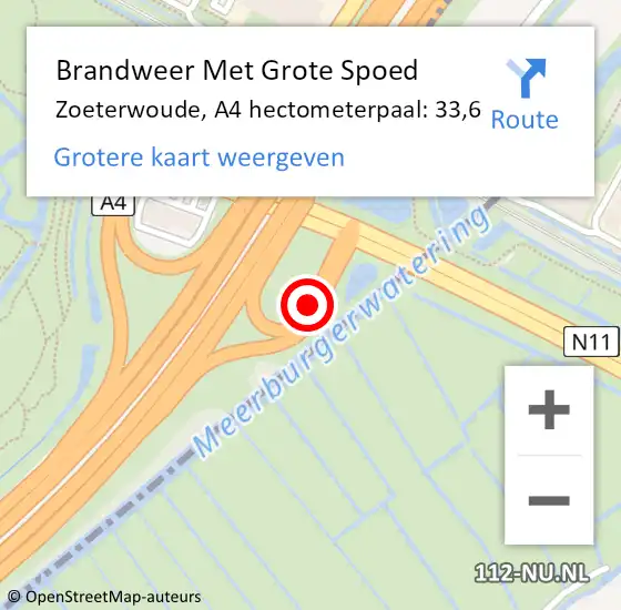 Locatie op kaart van de 112 melding: Brandweer Met Grote Spoed Naar Zoeterwoude, A4 hectometerpaal: 33,6 op 1 oktober 2024 13:17