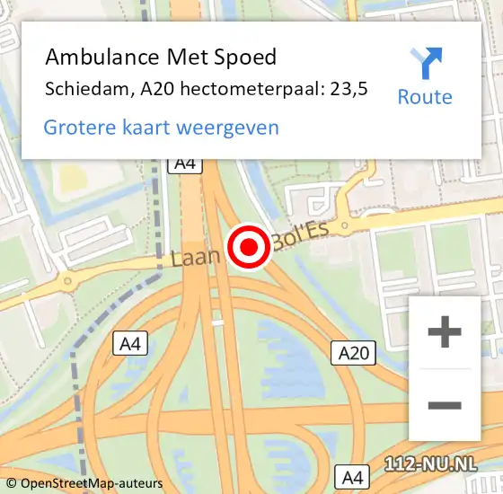 Locatie op kaart van de 112 melding: Ambulance Met Spoed Naar Schiedam, A20 hectometerpaal: 23,5 op 1 oktober 2024 13:19