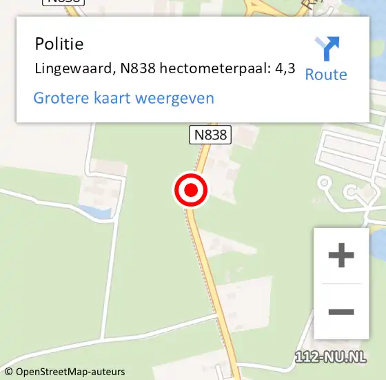 Locatie op kaart van de 112 melding: Politie Lingewaard, N838 hectometerpaal: 4,3 op 1 oktober 2024 14:25