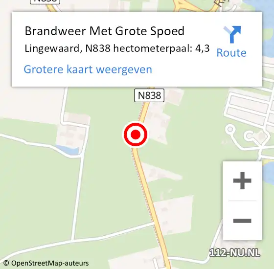 Locatie op kaart van de 112 melding: Brandweer Met Grote Spoed Naar Lingewaard, N838 hectometerpaal: 4,3 op 1 oktober 2024 14:28