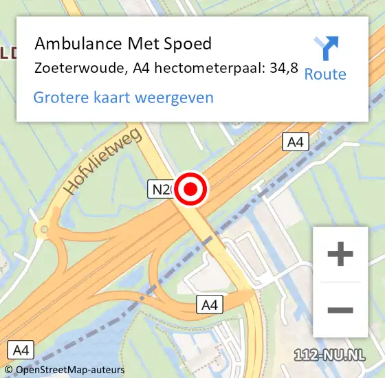 Locatie op kaart van de 112 melding: Ambulance Met Spoed Naar Zoeterwoude, A4 hectometerpaal: 34,8 op 1 oktober 2024 15:50