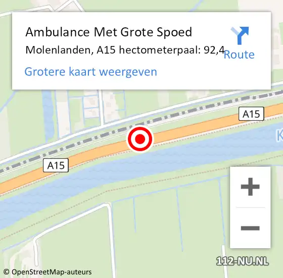 Locatie op kaart van de 112 melding: Ambulance Met Grote Spoed Naar Molenlanden, A15 hectometerpaal: 92,4 op 1 oktober 2024 16:22