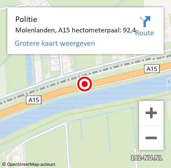 Locatie op kaart van de 112 melding: Politie Molenlanden, A15 hectometerpaal: 92,4 op 1 oktober 2024 16:25