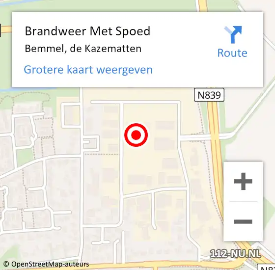 Locatie op kaart van de 112 melding: Brandweer Met Spoed Naar Bemmel, de Kazematten op 1 oktober 2024 17:06