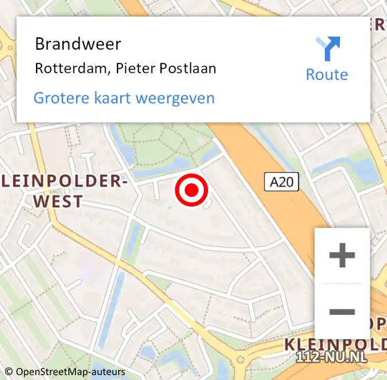 Locatie op kaart van de 112 melding: Brandweer Rotterdam, Pieter Postlaan op 1 oktober 2024 17:29