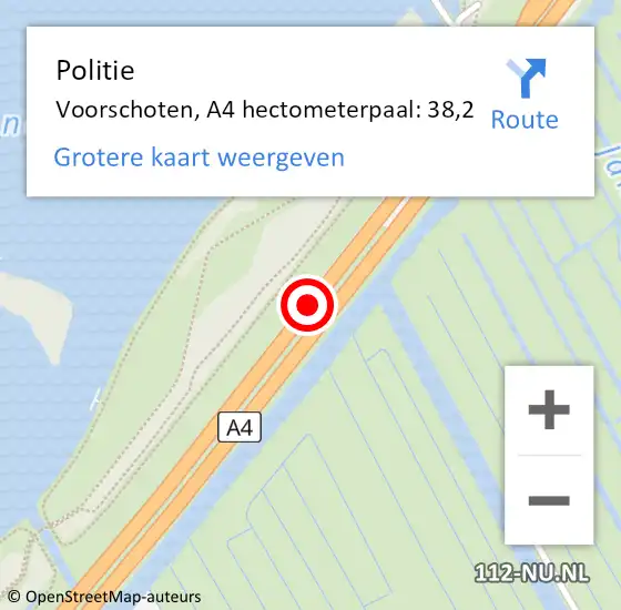 Locatie op kaart van de 112 melding: Politie Voorschoten, A4 hectometerpaal: 38,2 op 1 oktober 2024 17:39