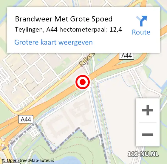 Locatie op kaart van de 112 melding: Brandweer Met Grote Spoed Naar Teylingen, A44 hectometerpaal: 12,4 op 1 oktober 2024 17:57