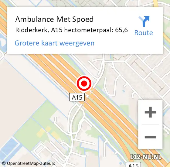 Locatie op kaart van de 112 melding: Ambulance Met Spoed Naar Ridderkerk, A15 hectometerpaal: 65,6 op 1 oktober 2024 18:21