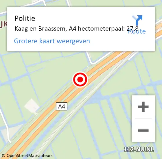 Locatie op kaart van de 112 melding: Politie Kaag en Braassem, A4 hectometerpaal: 27,8 op 1 oktober 2024 19:14