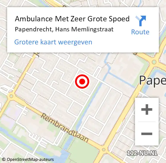 Locatie op kaart van de 112 melding: Ambulance Met Zeer Grote Spoed Naar Papendrecht, Hans Memlingstraat op 1 oktober 2024 19:29