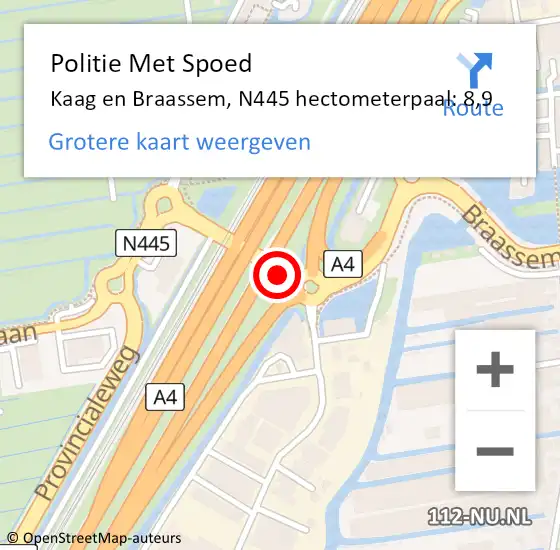 Locatie op kaart van de 112 melding: Politie Met Spoed Naar Kaag en Braassem, N445 hectometerpaal: 8,9 op 1 oktober 2024 19:53