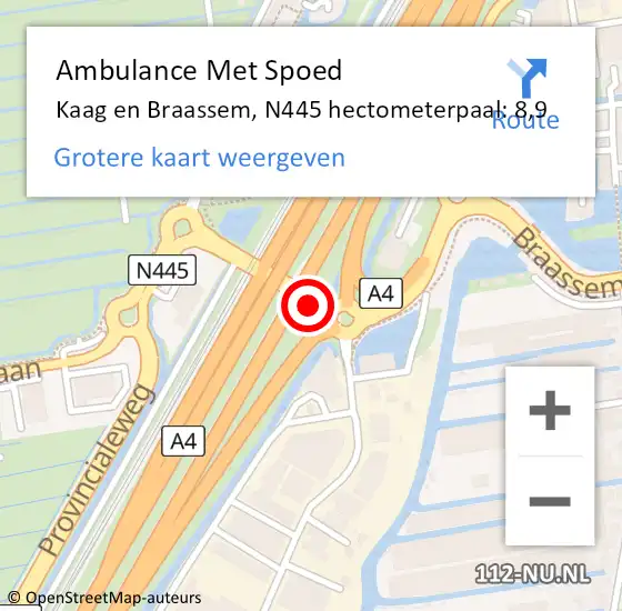 Locatie op kaart van de 112 melding: Ambulance Met Spoed Naar Kaag en Braassem, N445 hectometerpaal: 8,9 op 1 oktober 2024 19:54