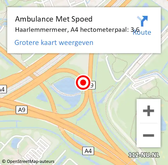 Locatie op kaart van de 112 melding: Ambulance Met Spoed Naar Haarlemmermeer, A4 hectometerpaal: 3,6 op 1 oktober 2024 20:07