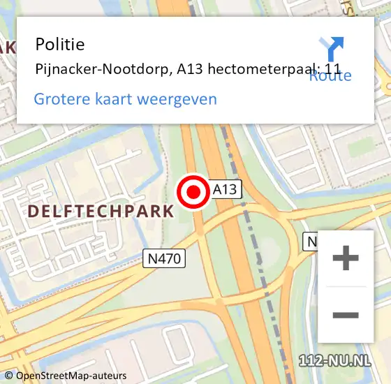 Locatie op kaart van de 112 melding: Politie Pijnacker-Nootdorp, A13 hectometerpaal: 11 op 1 oktober 2024 20:29