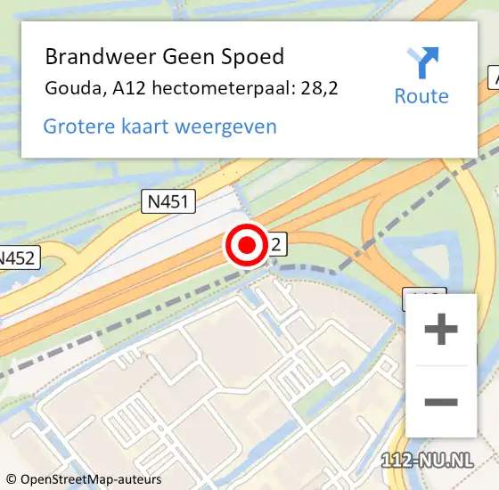 Locatie op kaart van de 112 melding: Brandweer Geen Spoed Naar Gouda, A12 hectometerpaal: 28,2 op 1 oktober 2024 20:29