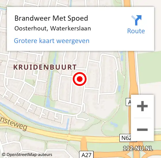 Locatie op kaart van de 112 melding: Brandweer Met Spoed Naar Oosterhout, Waterkerslaan op 1 oktober 2024 21:42