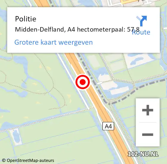 Locatie op kaart van de 112 melding: Politie Midden-Delfland, A4 hectometerpaal: 57,8 op 1 oktober 2024 21:49