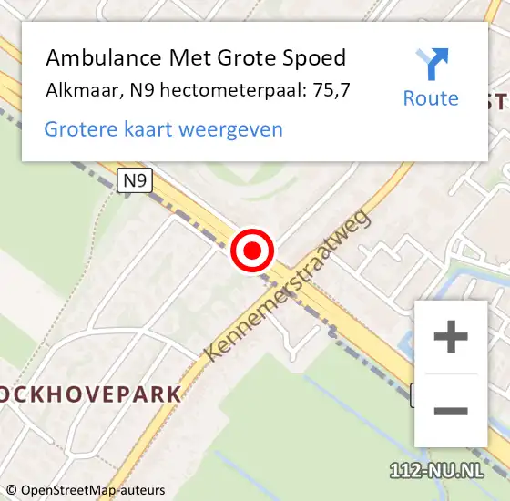 Locatie op kaart van de 112 melding: Ambulance Met Grote Spoed Naar Alkmaar, N9 hectometerpaal: 75,7 op 1 oktober 2024 21:54