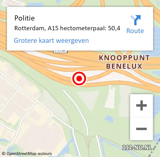 Locatie op kaart van de 112 melding: Politie Rotterdam, A15 hectometerpaal: 50,4 op 1 oktober 2024 22:03