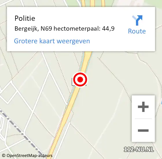 Locatie op kaart van de 112 melding: Politie Bergeijk, N69 hectometerpaal: 44,9 op 1 oktober 2024 22:51