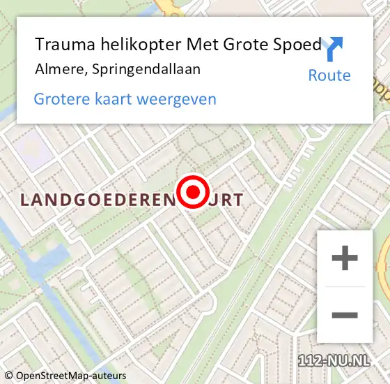 Locatie op kaart van de 112 melding: Trauma helikopter Met Grote Spoed Naar Almere, Springendallaan op 1 oktober 2024 23:05