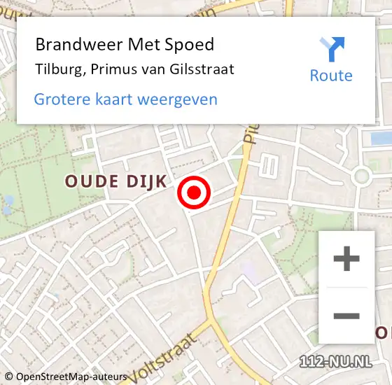 Locatie op kaart van de 112 melding: Brandweer Met Spoed Naar Tilburg, Primus van Gilsstraat op 2 oktober 2024 00:58