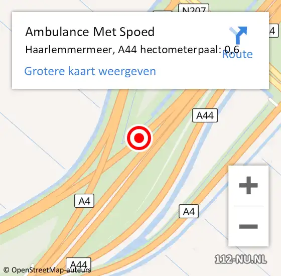 Locatie op kaart van de 112 melding: Ambulance Met Spoed Naar Haarlemmermeer, A44 hectometerpaal: 0,6 op 2 oktober 2024 01:58