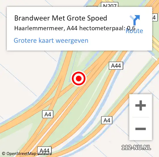 Locatie op kaart van de 112 melding: Brandweer Met Grote Spoed Naar Haarlemmermeer, A44 hectometerpaal: 0,6 op 2 oktober 2024 02:00