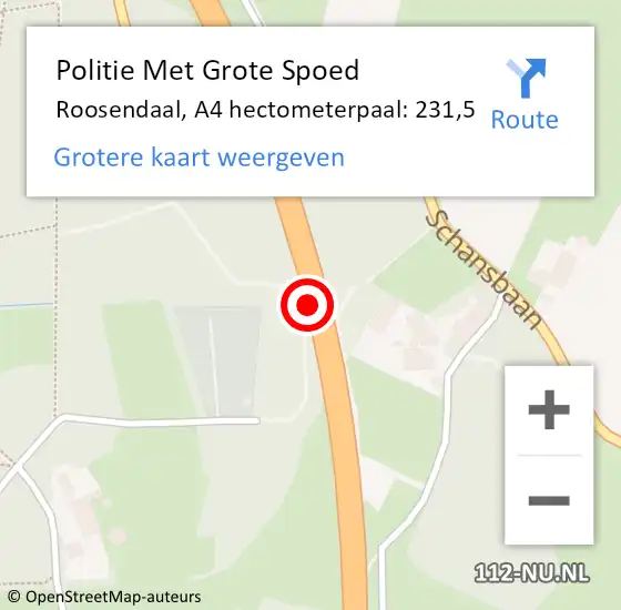 Locatie op kaart van de 112 melding: Politie Met Grote Spoed Naar Roosendaal, A4 hectometerpaal: 231,5 op 2 oktober 2024 06:35