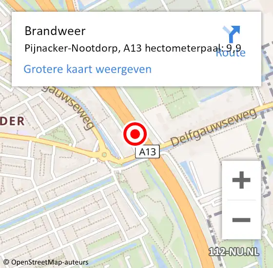 Locatie op kaart van de 112 melding: Brandweer Pijnacker-Nootdorp, A13 hectometerpaal: 9,9 op 2 oktober 2024 08:09