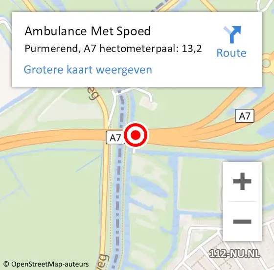 Locatie op kaart van de 112 melding: Ambulance Met Spoed Naar Purmerend, A7 hectometerpaal: 13,2 op 2 oktober 2024 10:19