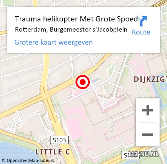 Locatie op kaart van de 112 melding: Trauma helikopter Met Grote Spoed Naar Rotterdam, Burgemeester s'Jacobplein op 2 oktober 2024 12:10