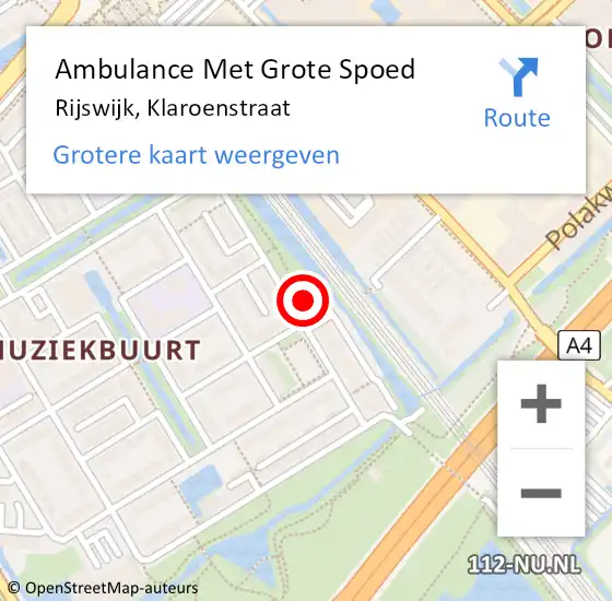 Locatie op kaart van de 112 melding: Ambulance Met Grote Spoed Naar Rijswijk, Klaroenstraat op 2 oktober 2024 12:44