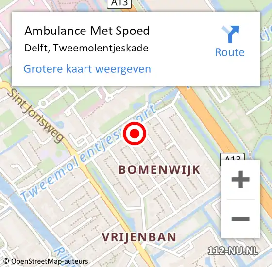 Locatie op kaart van de 112 melding: Ambulance Met Spoed Naar Delft, Tweemolentjeskade op 2 oktober 2024 12:59