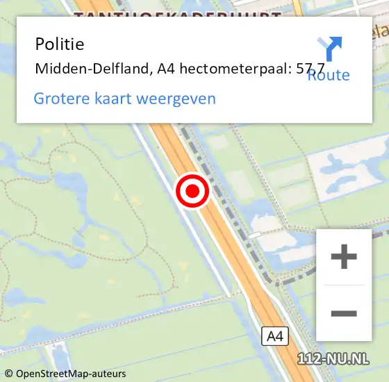 Locatie op kaart van de 112 melding: Politie Midden-Delfland, A4 hectometerpaal: 57,7 op 2 oktober 2024 15:20