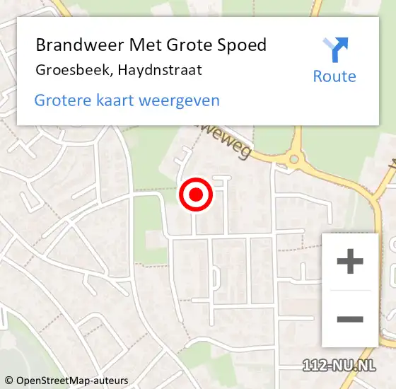 Locatie op kaart van de 112 melding: Brandweer Met Grote Spoed Naar Groesbeek, Haydnstraat op 2 oktober 2024 15:33