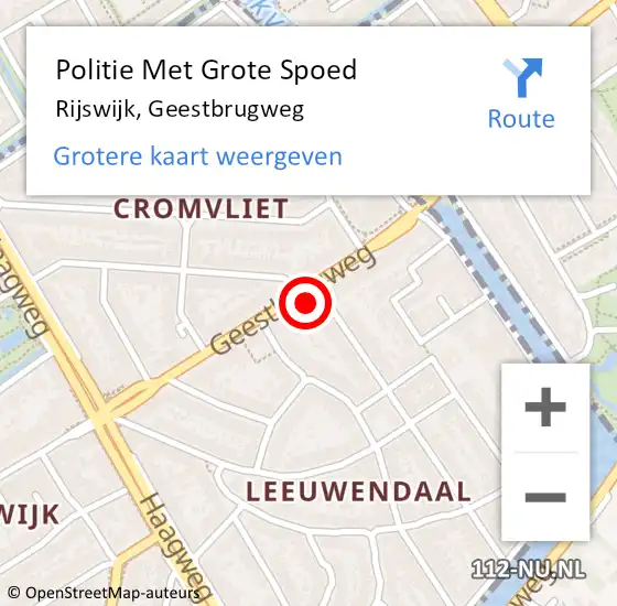 Locatie op kaart van de 112 melding: Politie Met Grote Spoed Naar Rijswijk, Geestbrugweg op 2 oktober 2024 15:43