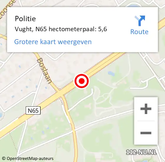 Locatie op kaart van de 112 melding: Politie Vught, N65 hectometerpaal: 5,6 op 2 oktober 2024 16:24