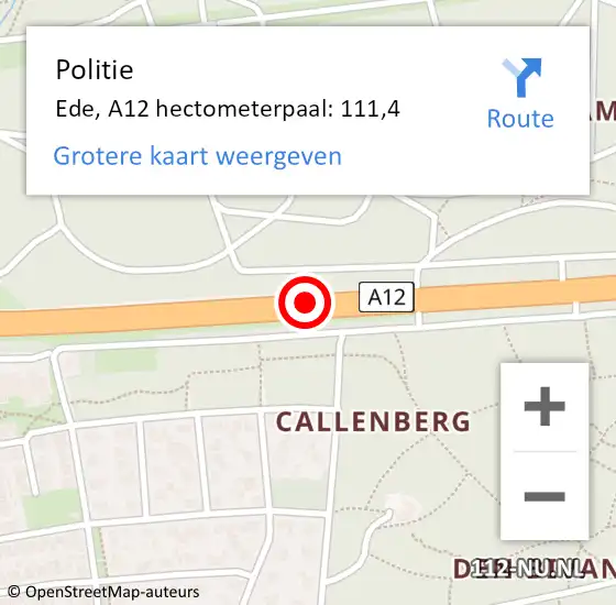 Locatie op kaart van de 112 melding: Politie Ede, A12 hectometerpaal: 111,4 op 2 oktober 2024 16:45