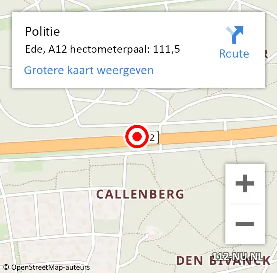 Locatie op kaart van de 112 melding: Politie Ede, A12 hectometerpaal: 111,5 op 2 oktober 2024 16:48